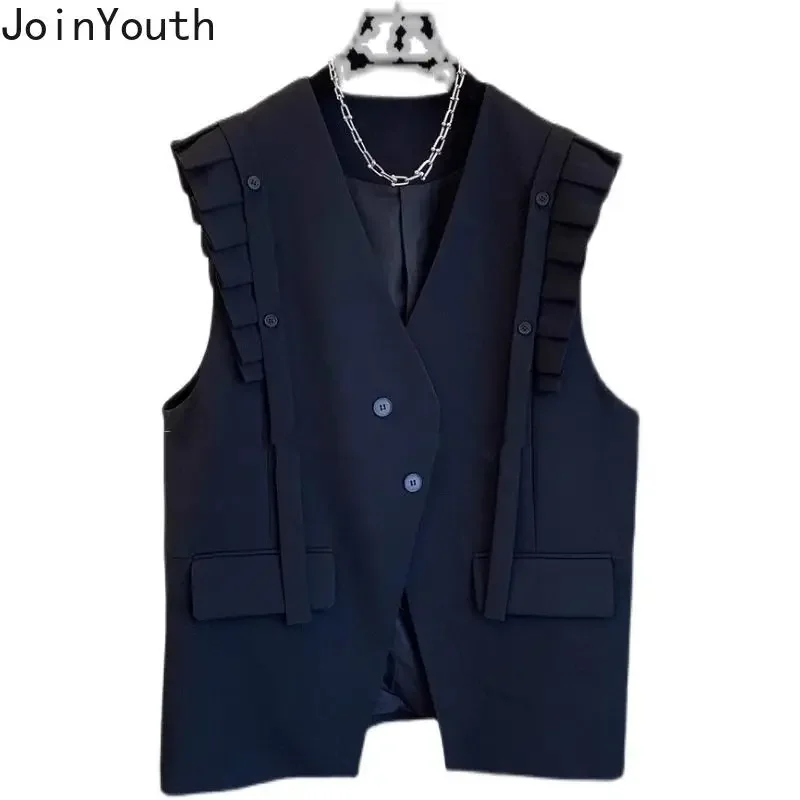 Temperament Vest for Women Coat V-neck Sleeveless Oversized Tops Patchwork Ruffles Casual Waistcoat Fashion Korean Tanks 27s600