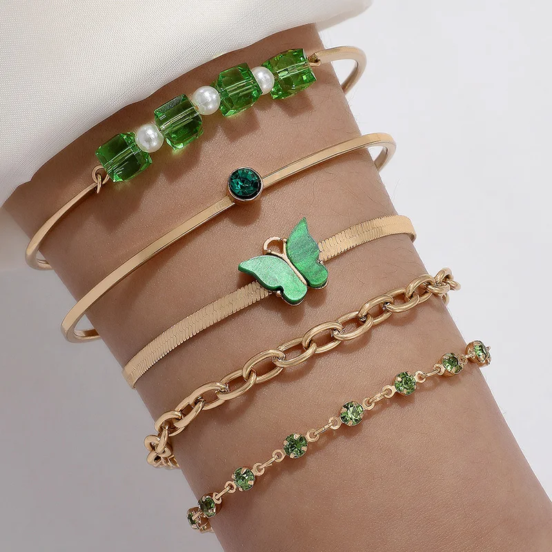 Tocona Bohemian Transparent Crystal Pearl Stone Open Bangle Set Women's Geometric Green Butterfly Inlaid Brick Bracelet 5/PCS