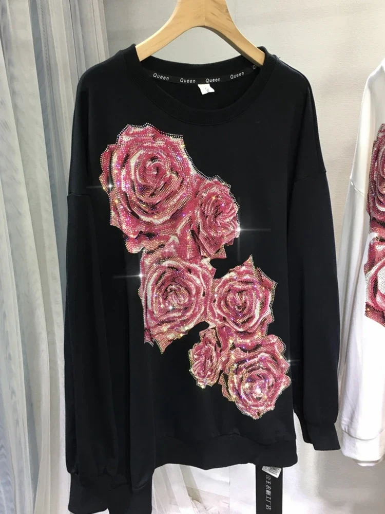 Luxury Women Drilling Sweatshirts Rose Crystal Tees Loose Sequined Pullovers Mid-Length Long-Sleeve Hoodies Jumpers O-Neck Tops