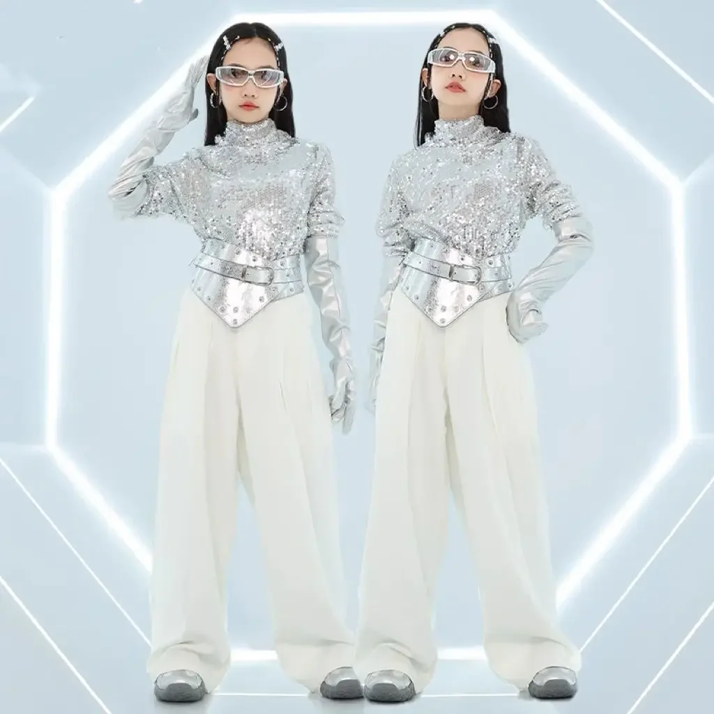 Costumes de danse jazz pour filles, 4 pièces, ensembles de jazz pour enfants, tendance et cool, costumes de danse de rue pour enfants, paillettes de scène, défilé de mode