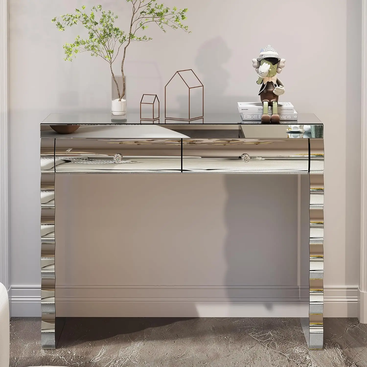 

39.4-Inch Mirrored Console Table with 2 Drawers, Bedroom Silver Dressing Table Mirrored Sofa Table, 39.4''Wx11.8''Dx31.5''H