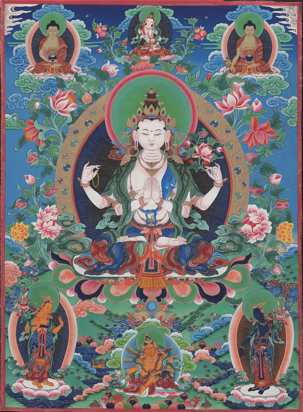 

Chenrezig Thangka,Gandhanra Tibetan Buddhist Thangka Art,Giclee Printed and Hand Framed,47" × 32"