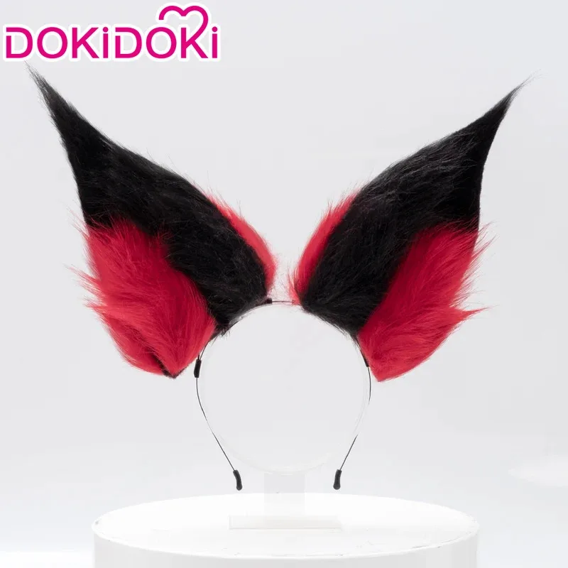 LQIN STOCK Alastor Wig Anime Cosplay DokiDoki Red Black Hair Alastor Cosplay Pre Crimped Wig Hair Ears Glasses Gloves Halloween