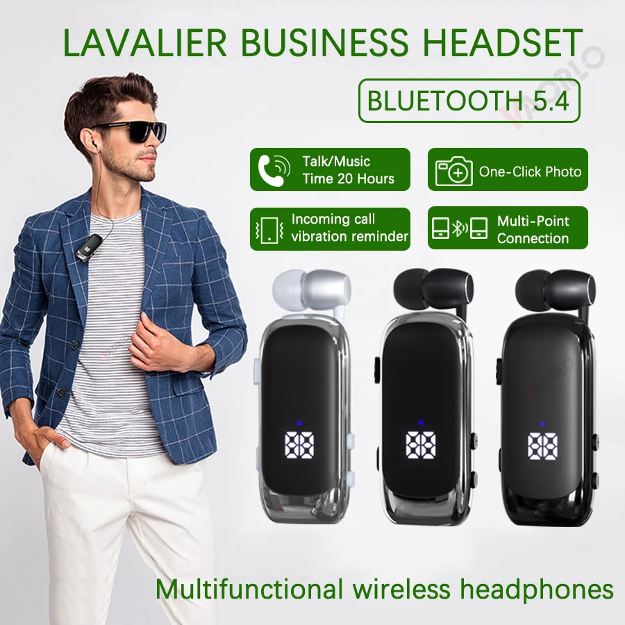 Bluetooth 5.4 Business Headset Lavalier Heavy Bass Earphone Call Vibration Reminder + voice Report Multi-Point Connection Headse