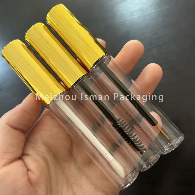 50Pcs empty round gold top lip gloss packaging cosmetic sample clear mascara bottle eyeliner container tube with brush 10ml