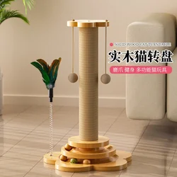 Solid Wood Turntable Cat Scratching Post, Funny Cat Stick, Durable Sisal Scratch Board, Cat Toy