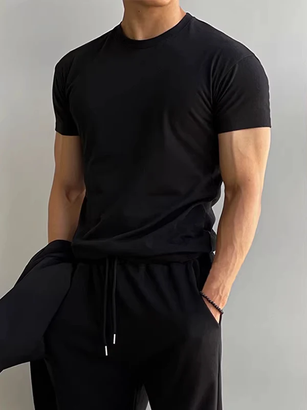 

Мужская летняя футболка Slim Fit из эластичного хлопка с круглым вырезом, облегающая, в американском стиле, модная, базовая.