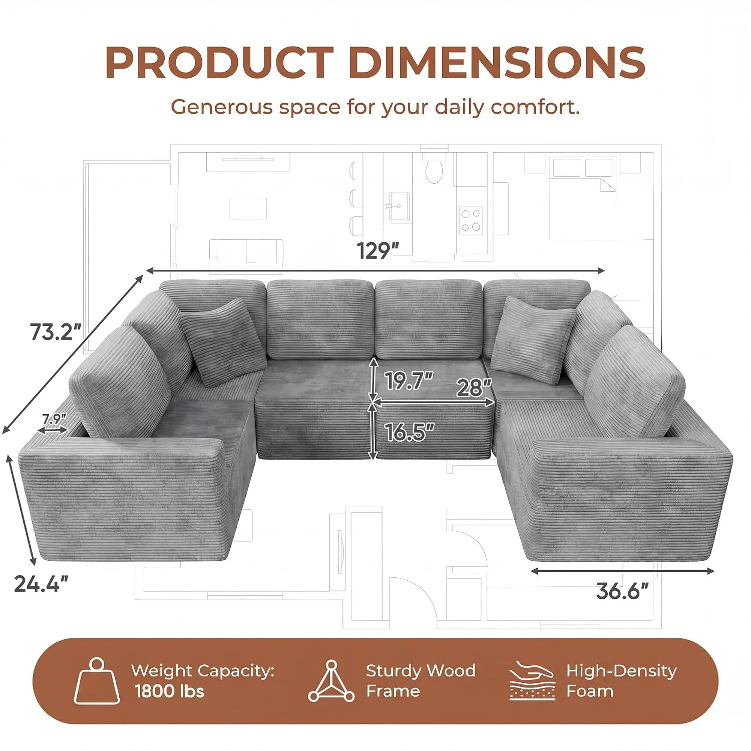 Homall Sectional Sofa Living Room Modern Boneless Deep Seat Upholstered Cloud No Assembly Grey Oversized, Customized