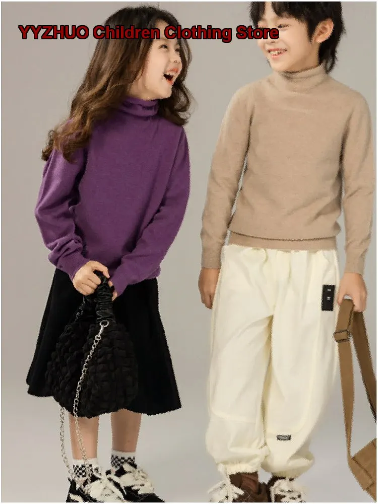 Boys Girls Pullover Sweater Kids Autumn Winter Seamless Turtleneck Cashmere Knit Top Soft Base Layer Top