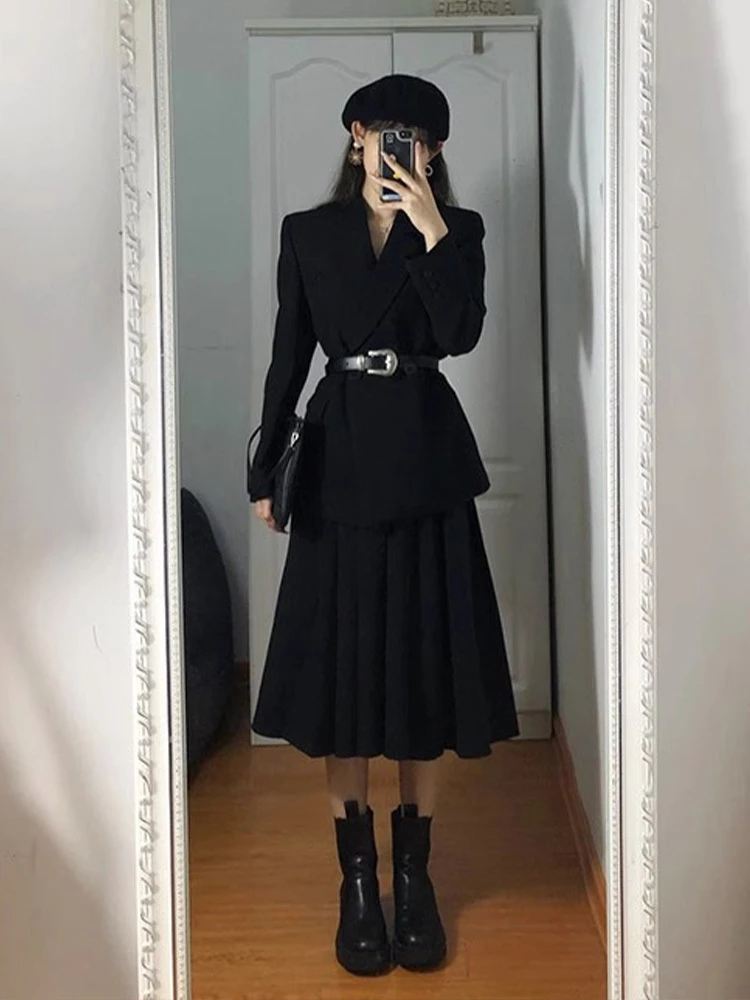 

UNXX High-end Feeling Outfit Black Suit Dress Summer 2024 New Women's Petite Long Dress Two-piece Set Female Office Lady Fashion