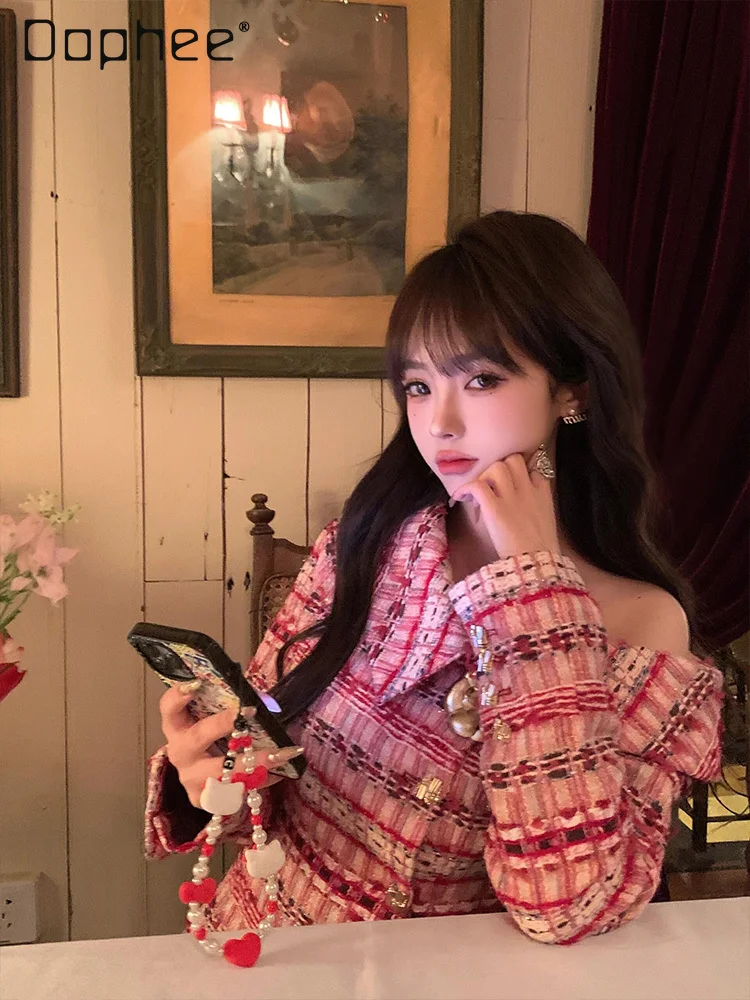 Korean Sweet Celebrity Temperament Off Shoulder Lapel Jacket Fashion Commuter Splicing Color Single-breasted Short Tweed Jackets