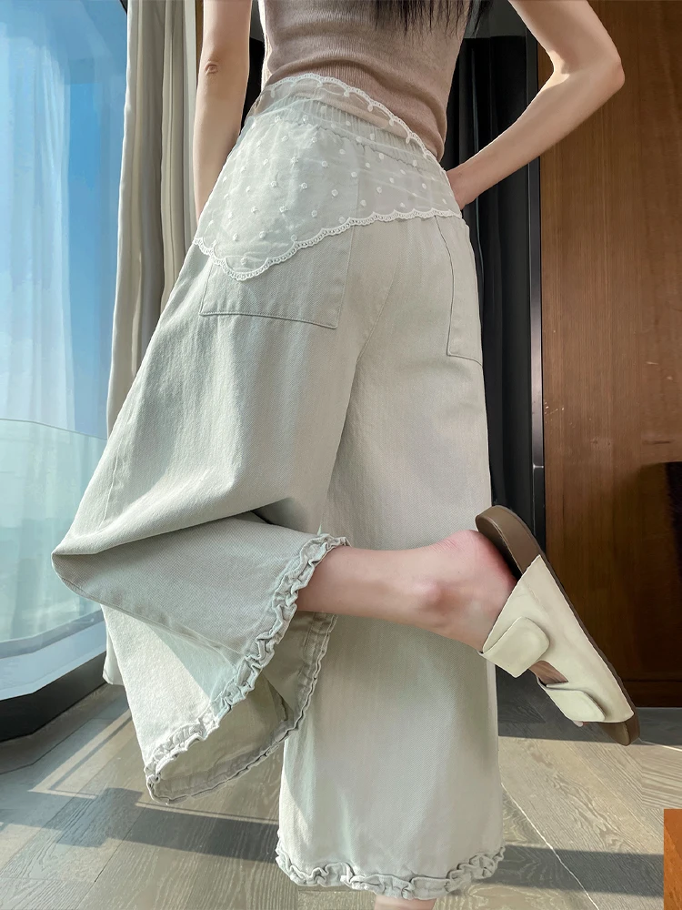 

Женские повседневные брюки с кружевной отделкой и высокой талией, широкие штанины, летний новый стиль, корейский стиль, для офиса, простые, однотонные, прямые