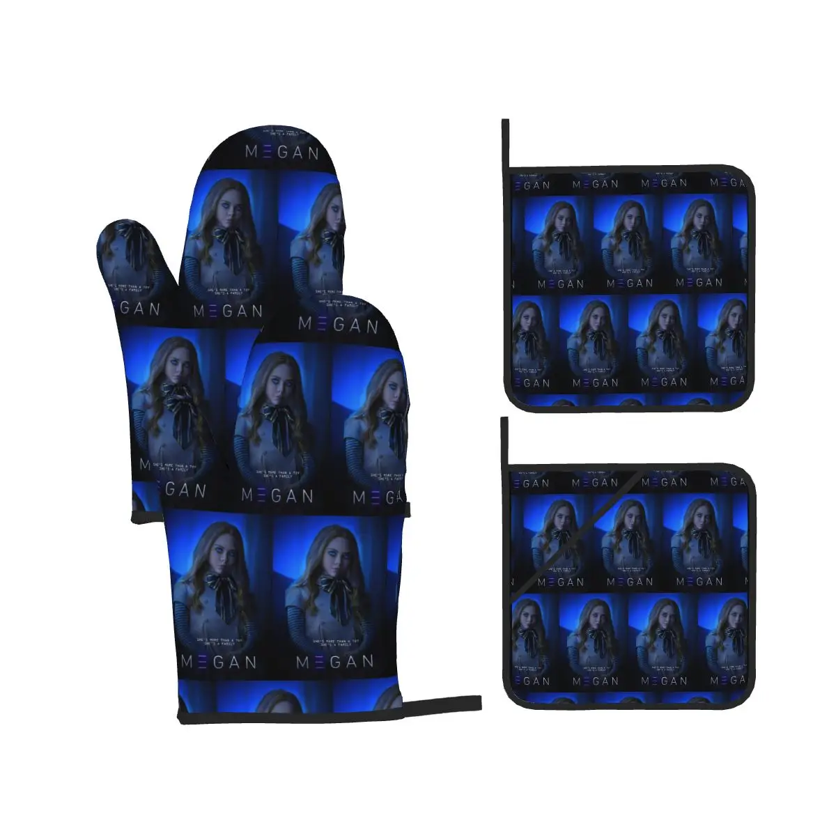 Run From M3Gan Thriller Oven Mitts and Pot Holder Sets of 4 for Baking Kitchen Cooking BBQ Resistant Non-Slip Gloves