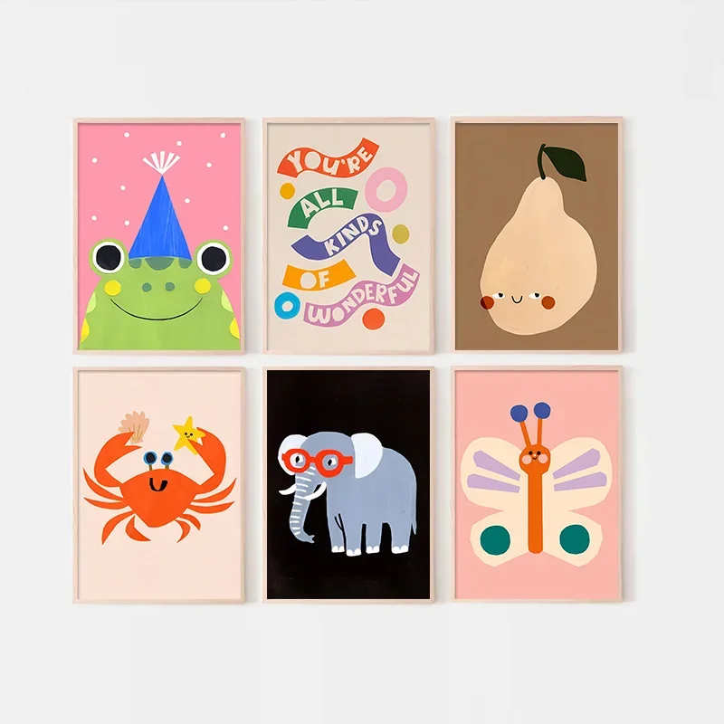 Pintura en lienzo de dibujos animados de Rana, elefante, mariposa, divertida, humorística, moderna, decoración de habitación de niños, póster, pared del hogar Ar