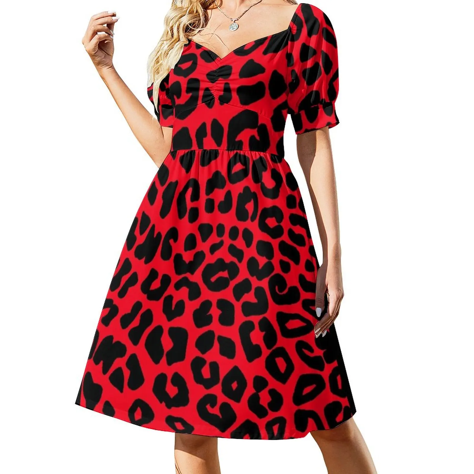 

Red and Black Leopard Print Short Sleeved Dress women's summer dresses 2025 elegant dresses for women Dress