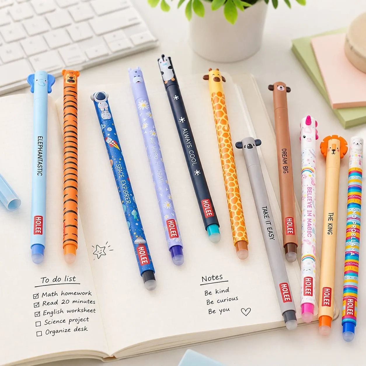 4-pack erasable pens, with random animal print designs. Perfect for school, office, diaries and back-to-school season