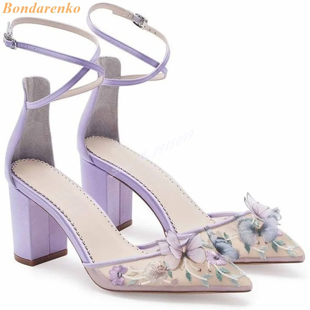 Sexy Butterfly Mesh Sandals New Style Buckles Straps Pointy Toe Women Sandals Designer Shoes Chunky High Heels Printed Summer