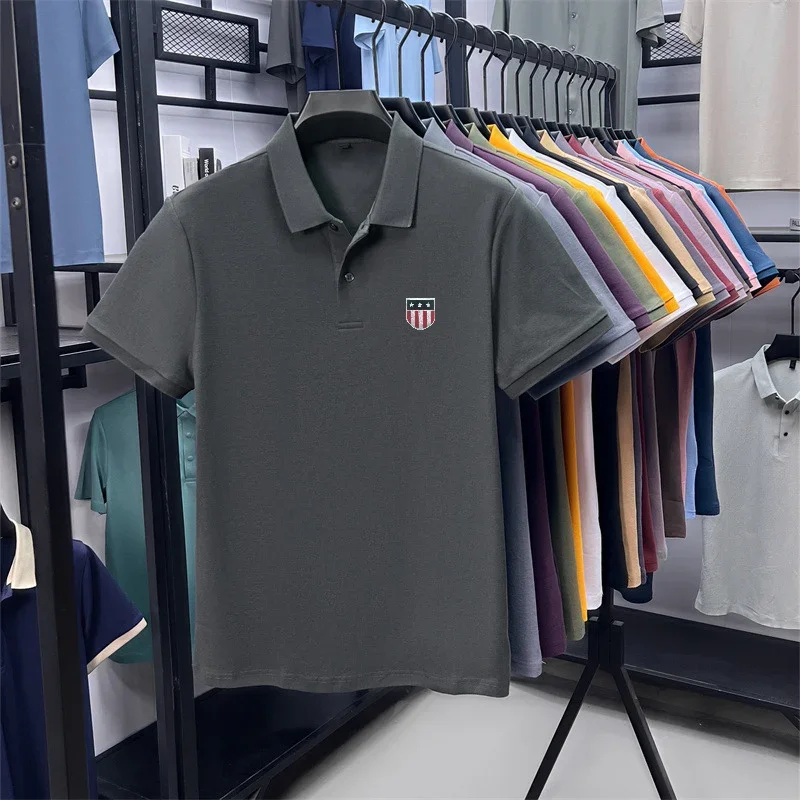 Men's Summer Luxury 100% Cotton Polo Shirt, Lapel Print Short Sleeve T-shirt, Breathable Business Casual Menswear