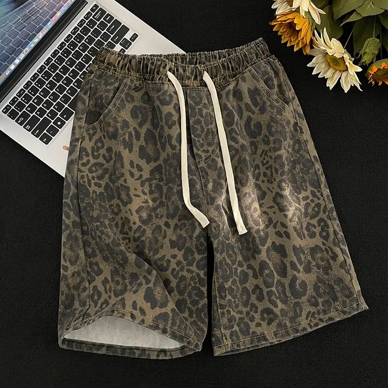 

Men Trendy Vintage Leopard Print Streetwear Y2K Baggy Jeans Shorts Male Summer Casual Harajuku Straight Knee Length Denim Pants