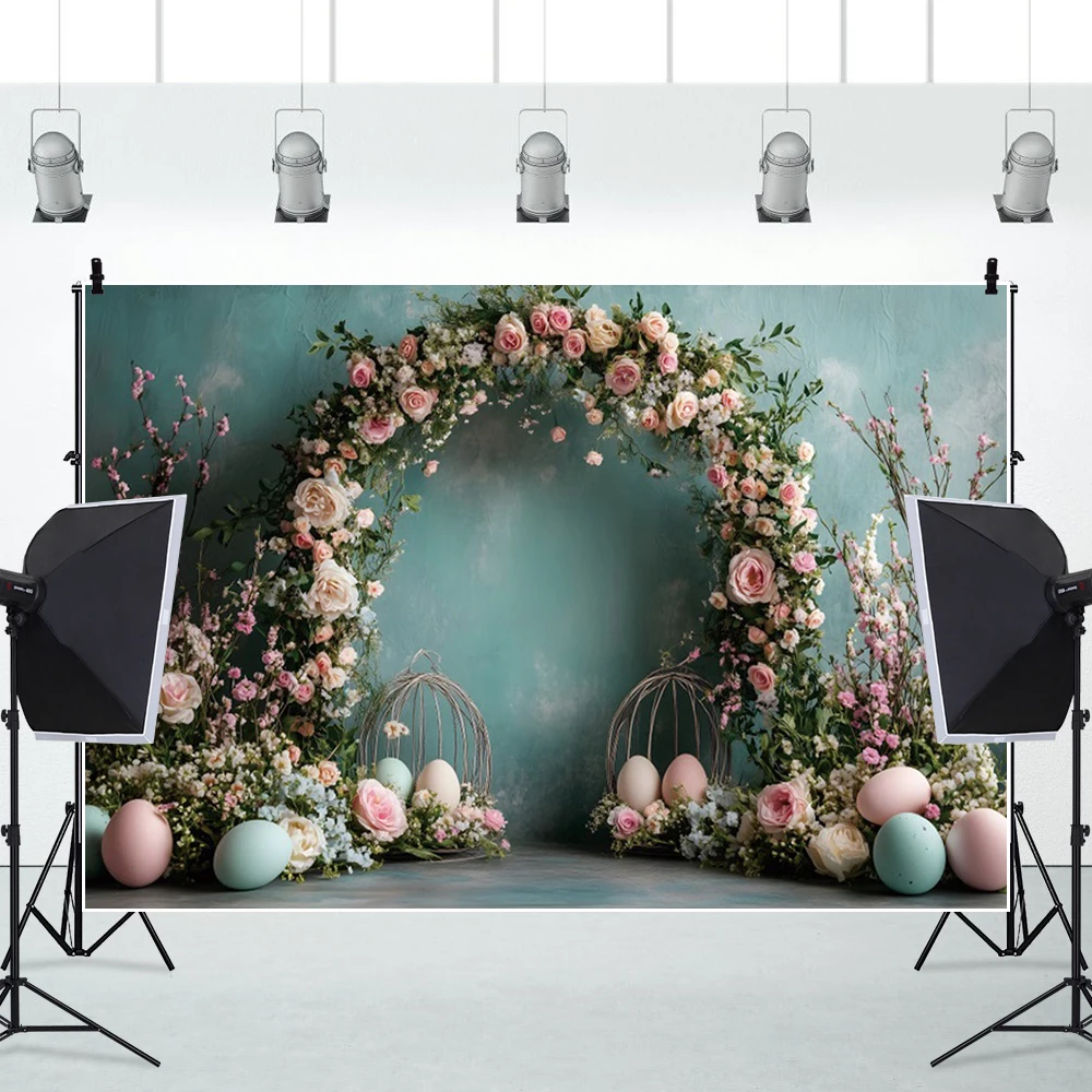 خلفية تصوير لعيد الفصح السعيد، بيض عيد الفصح، أوراق خضراء مقوسة، زهرة استحمام الطفل، صورة داخلية، خلفية استوديو الصور