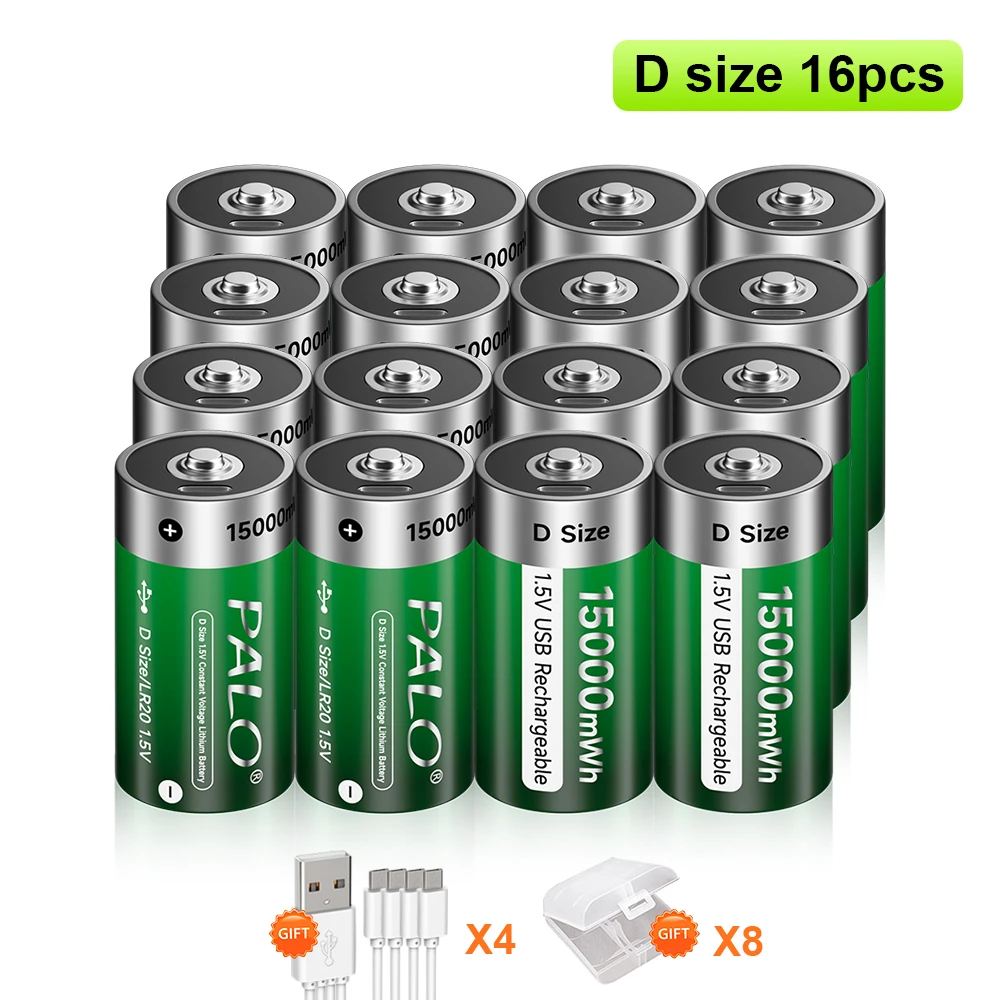 

PALO 2-20pcs 1.5V D Size LR20 Rechargeable Battery Type D Lithium Battery USB Charging+USB Cable For Gas Stove Water Heater