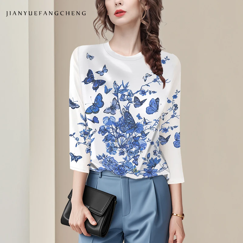 Custom 2025 Spring Three-Quarter Sleeve Printed T-Shirt for Women - Fresh and Chic Loose-Fit Base Layer Tee