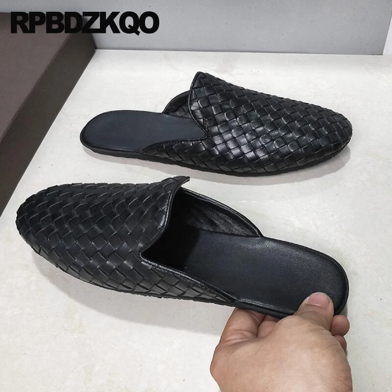 Designer Shoes Men High Quality Big Size Black Woven Slides Closed Toe Large Slippers Summer Genuine Leather 45 Italian Sandals