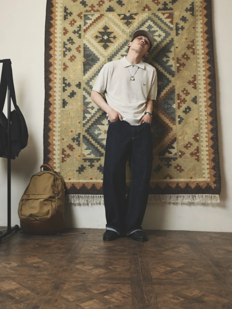Vintage American Knitted Thick Needle Lapel Embroidery One Button Polo Shirt