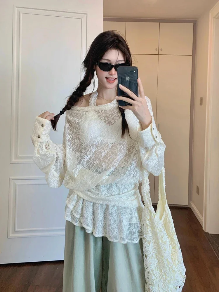 MiiiiX Sweet Casual Skew Collar Lace Blouse Women's Shirt 2024 Autumn New Loose Top Versatile Ruffles Sheer Smock Female Clothes