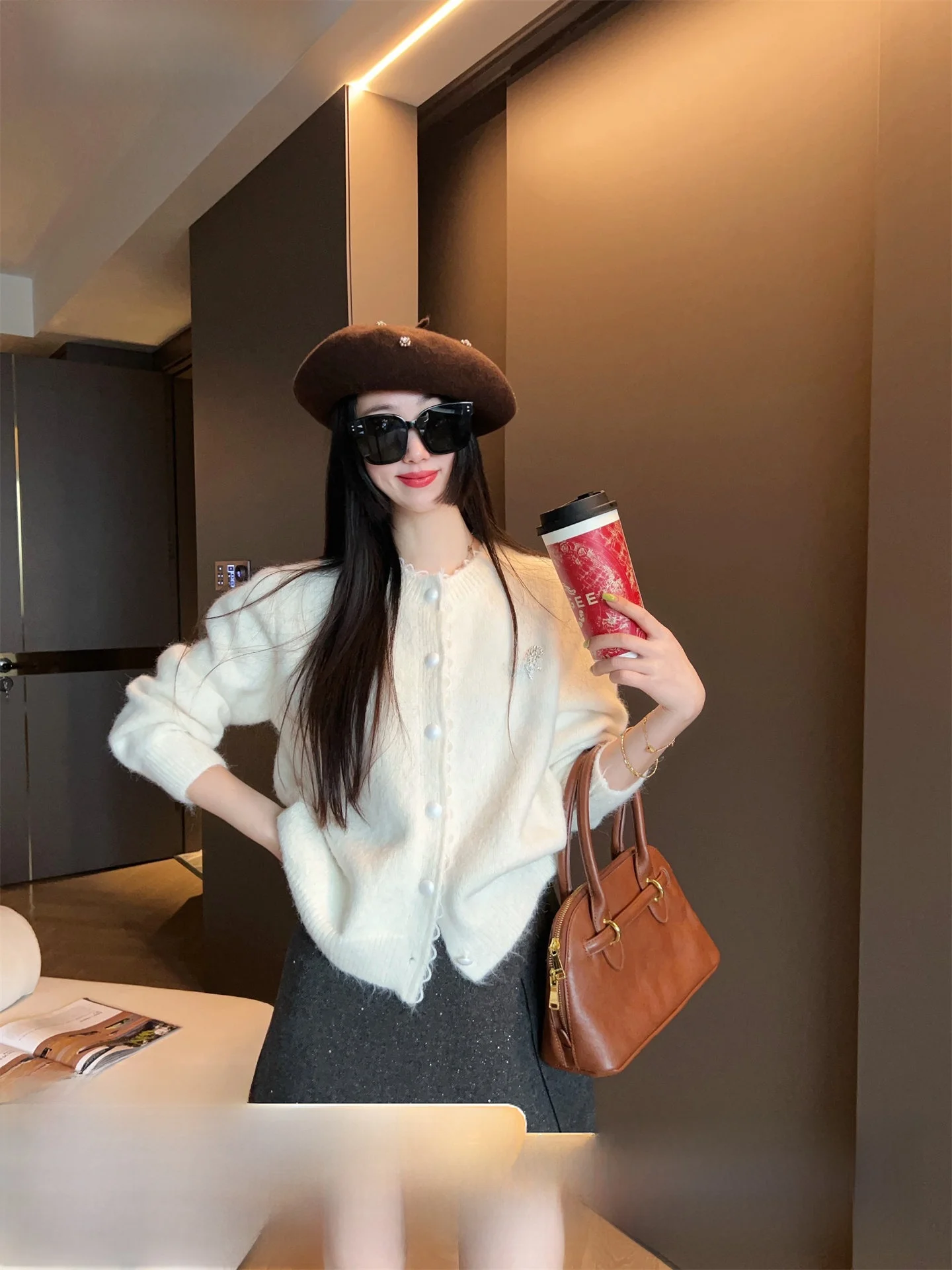 

Simple Knitted Open Cardigan Sweater Women's Autumn Winter Loose Versatile Top Single Button Long Sleeve Regular Length