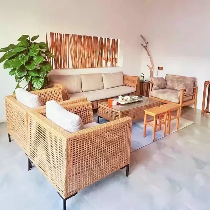 Outdoor Restaurant Sofa Rattan Chair Outdoor Patio Three-Seater & Two-Seater Rattan Sofa Balcony Villa Rattan Sofa Set