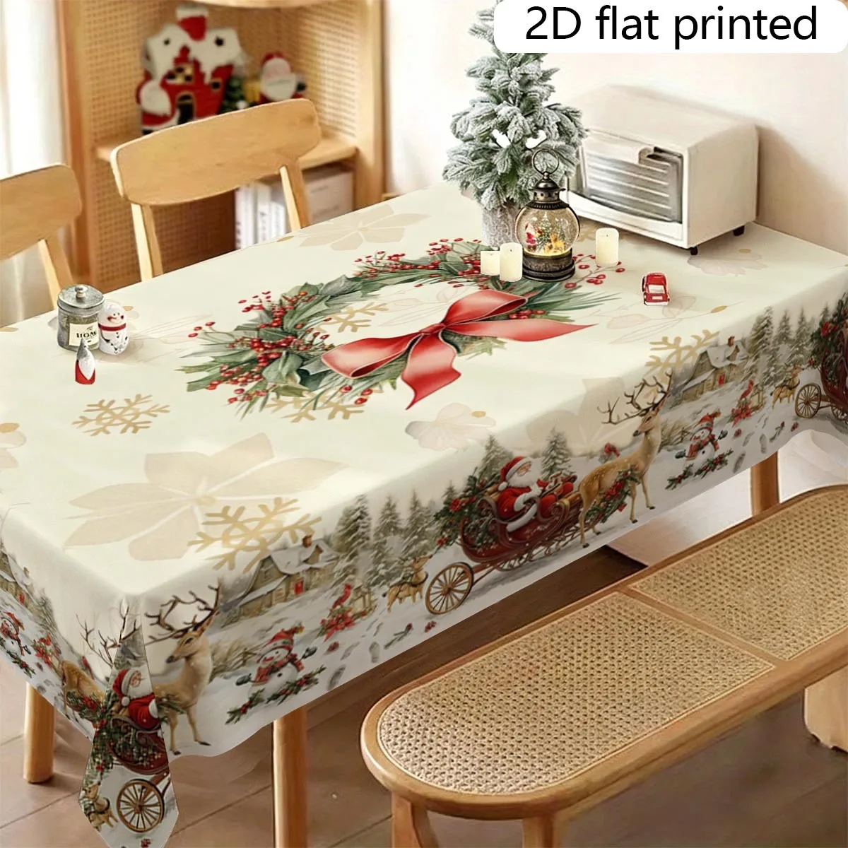1pc  Vintage Christmas Santa Sleigh Snowman Tablecloth 2D Flat Printed Winter Holiday Dining Table Cover for Home Party Decor