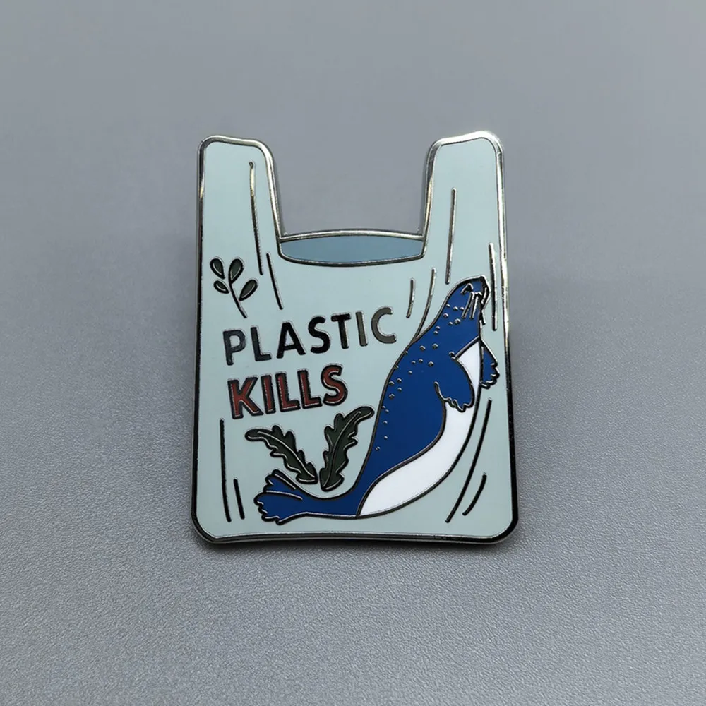 Plastic Kills Cartoon Enamel Brooch Environmental Enthusiast Marine Animals Collar Lapel Pins Badges Fashion Jewelry Accessories
