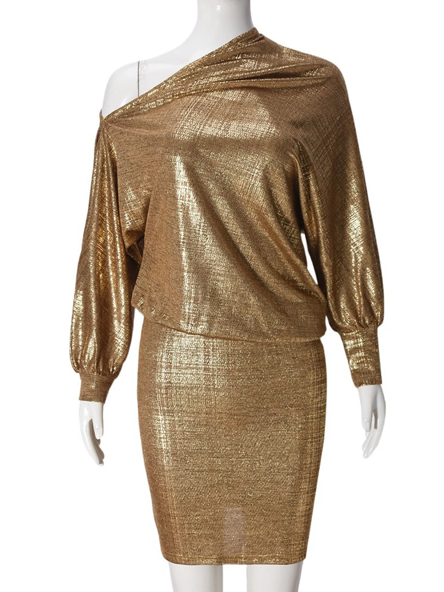 Women Shiny Metallic Pullover Bodycon Mini Dress Off The Shoulder Long Sleeve Natural Drape Dress for Banquet Wedding Party Rave