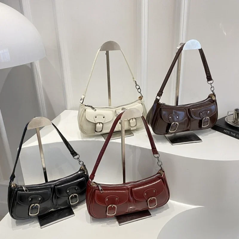 

PU Leather Baguette Bag Women Two-Pocket Top Handle Shoulder Bag Y2K Vintage Solid Color
