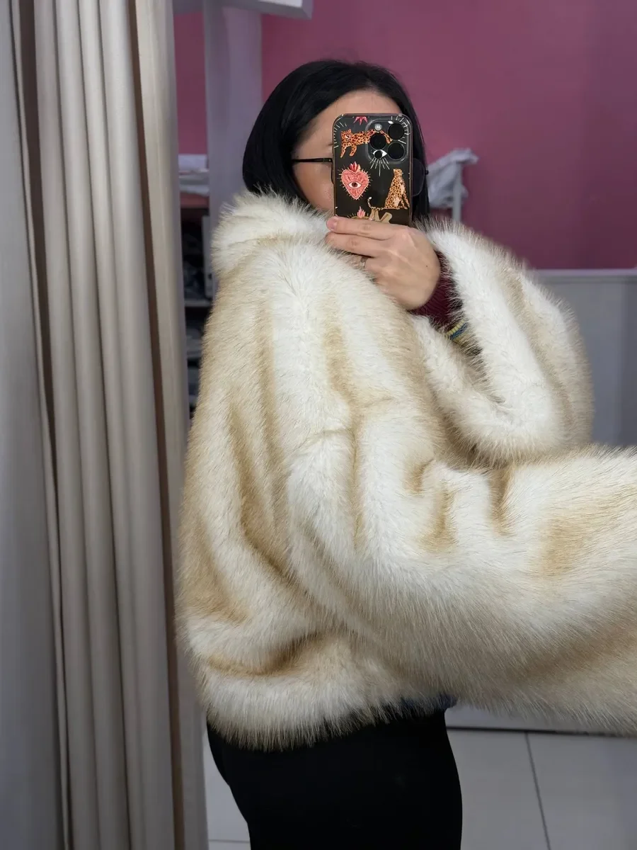 LIMO Women Cropped Faux Fur Coat Stand Collar Open Front Oversized Loose Long Sleeve Plush Outerwear
