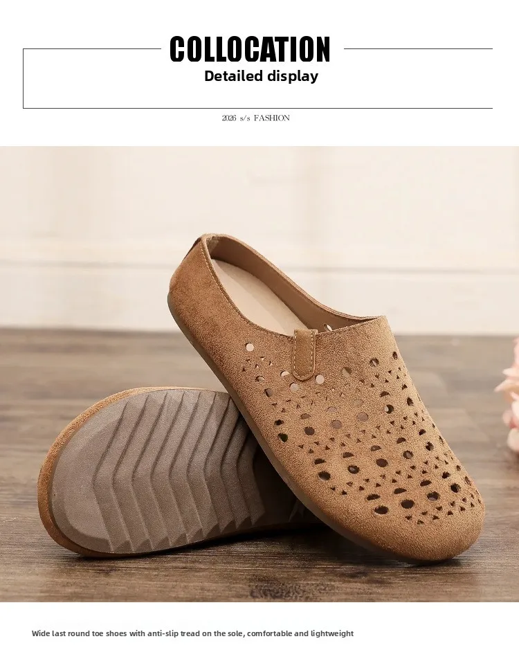 Damen-Mules mit Aussparungen, Clogs, Sommer, atmungsaktiv, geschlossene Zehenpartie, flache, rückenfreie Slipper, Wildleder, Slip-On, lässige Outdoor-Schuhe – Detail 2