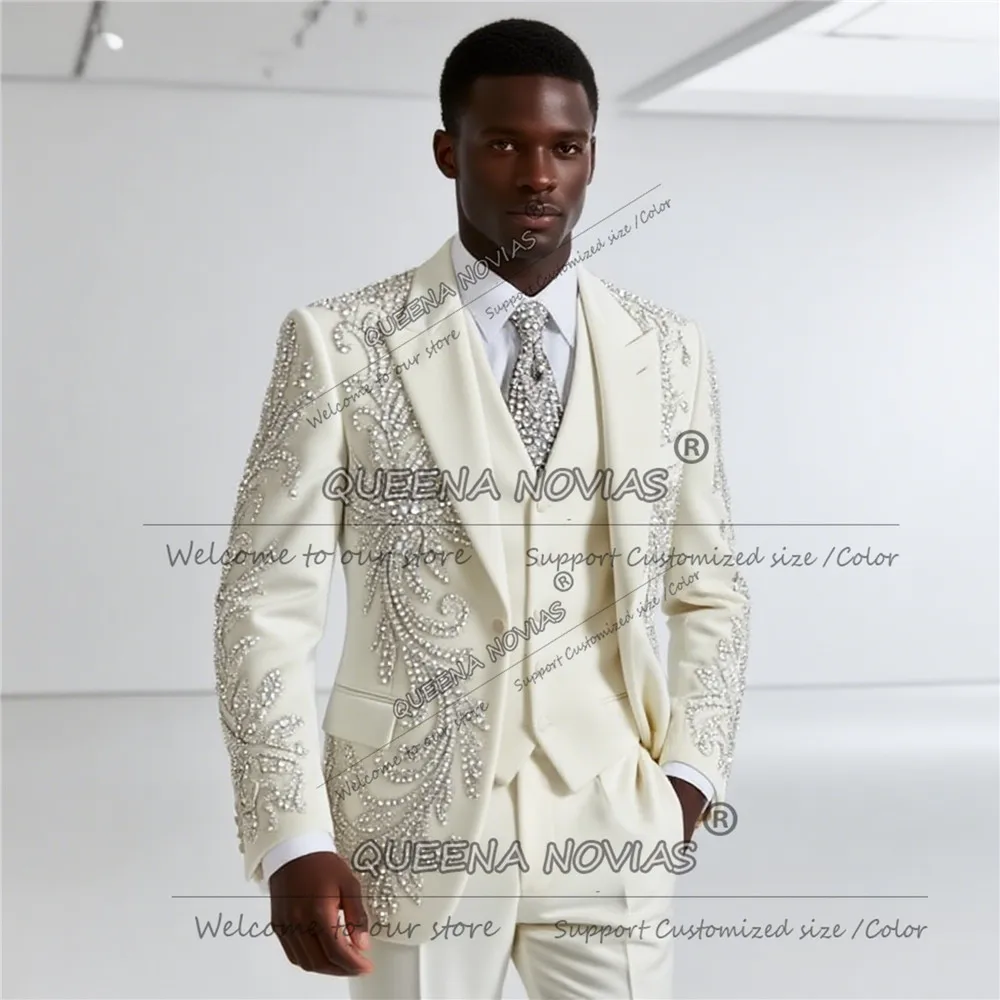 Handsome Wedding Tuxedos Sparkly Beaded Stones Men Suit Attire Customized Slim Fit Ropa hombre 3 Pieces Sets Groom Male Blazers