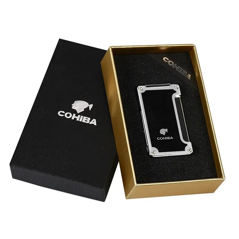 New COHIBA Cigar Lighter Metal Single Straight Charge Portable Blue Flame Windproof Lighter with Cigar Opener Small Tool