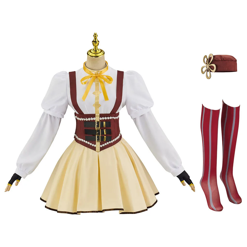 

Tomoe Mami Cosplay Costume Magical Girl Tomoe Mami Yellow Ruffled Skirt With Brown Corset Battle Suit Full Set Halloween