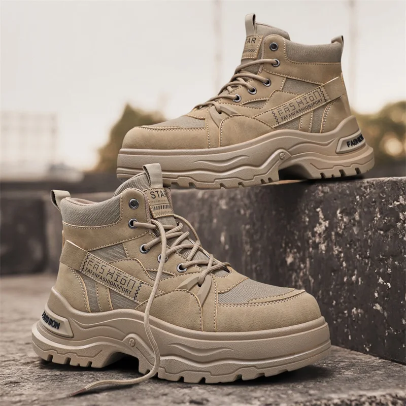 

2025 New Outdoor Men Ankle Boots Luxury Platform Men Cowboy Boots Lace Up Anti-Slip Training Shoes High Top Men Motorcycle Boots