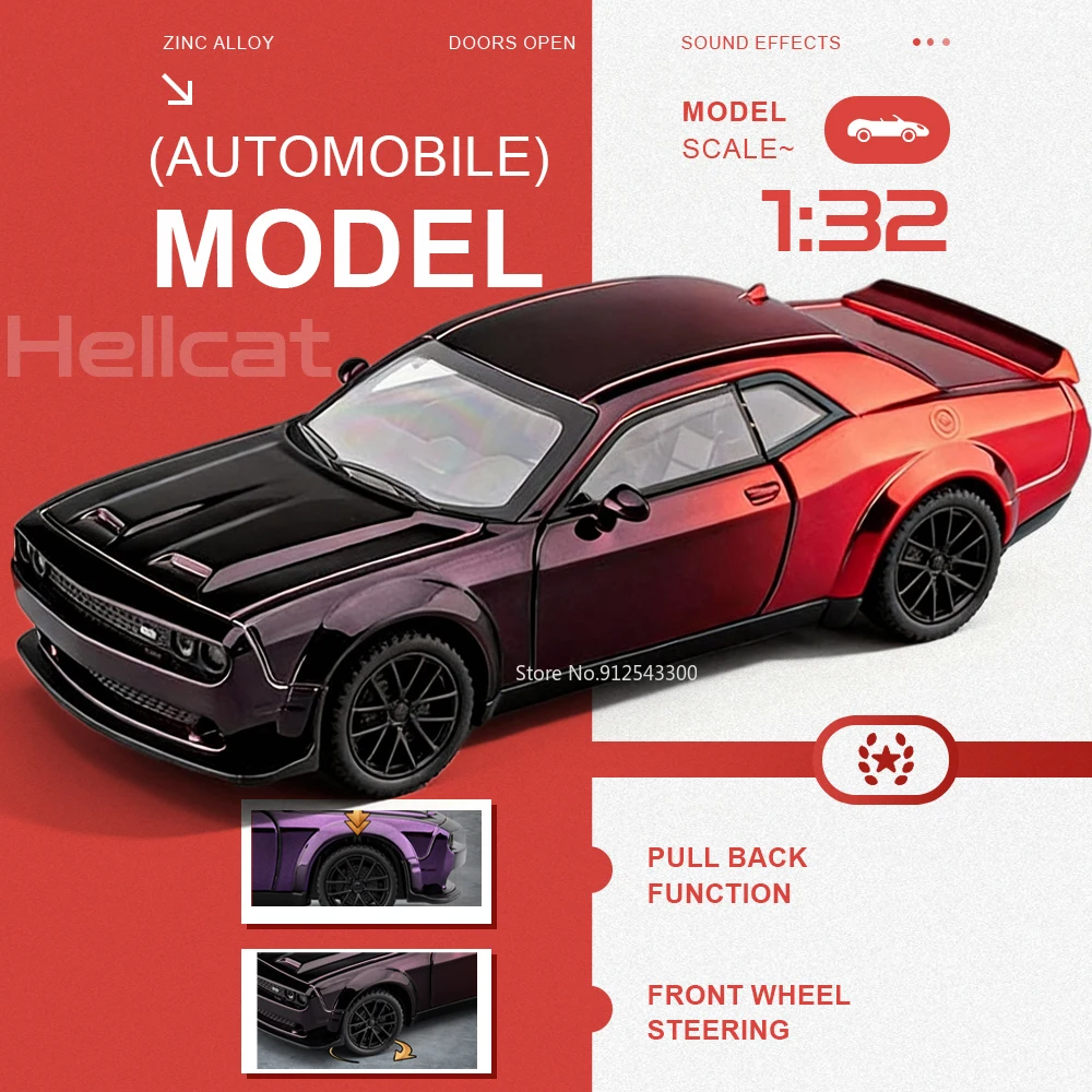 

Scale 1:32 Hellcat Car Model Toy Doors Opened Sound Light Pull Back Toys Shock Absorption Sports Cars Models Hobby Decorations