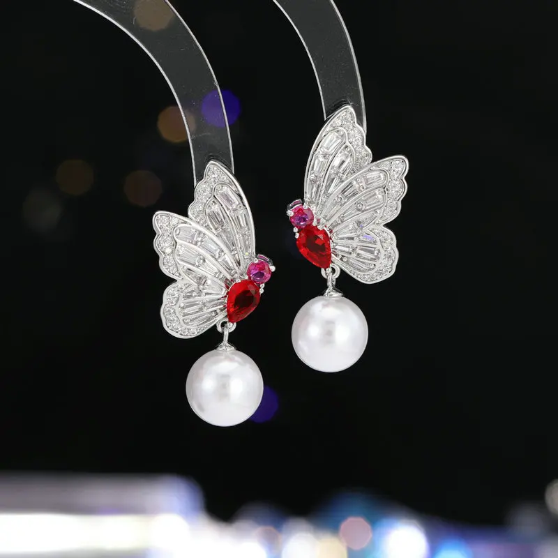 High-end Ultra Shiny Inlaid Zircon Double Flying Trendy Elegant Fashion Versatile Butterfly Pearl Earrings