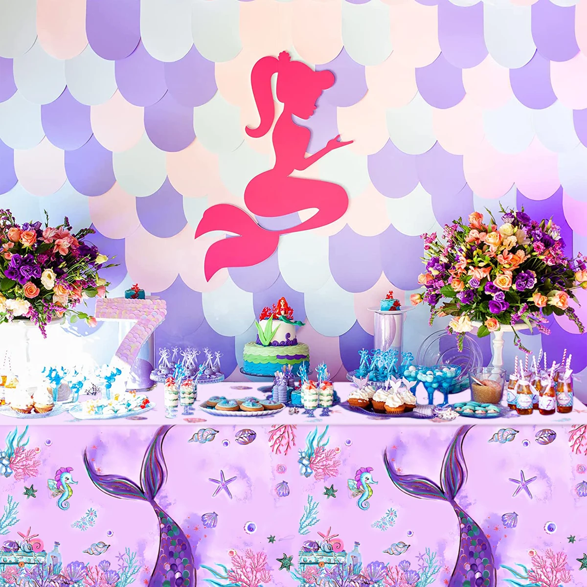 Little Mermaid Disposable Tablecloths Mermaid Birthday Party Decor 1st Birthday Girl Under the Sea Party Supplies Baby Shower