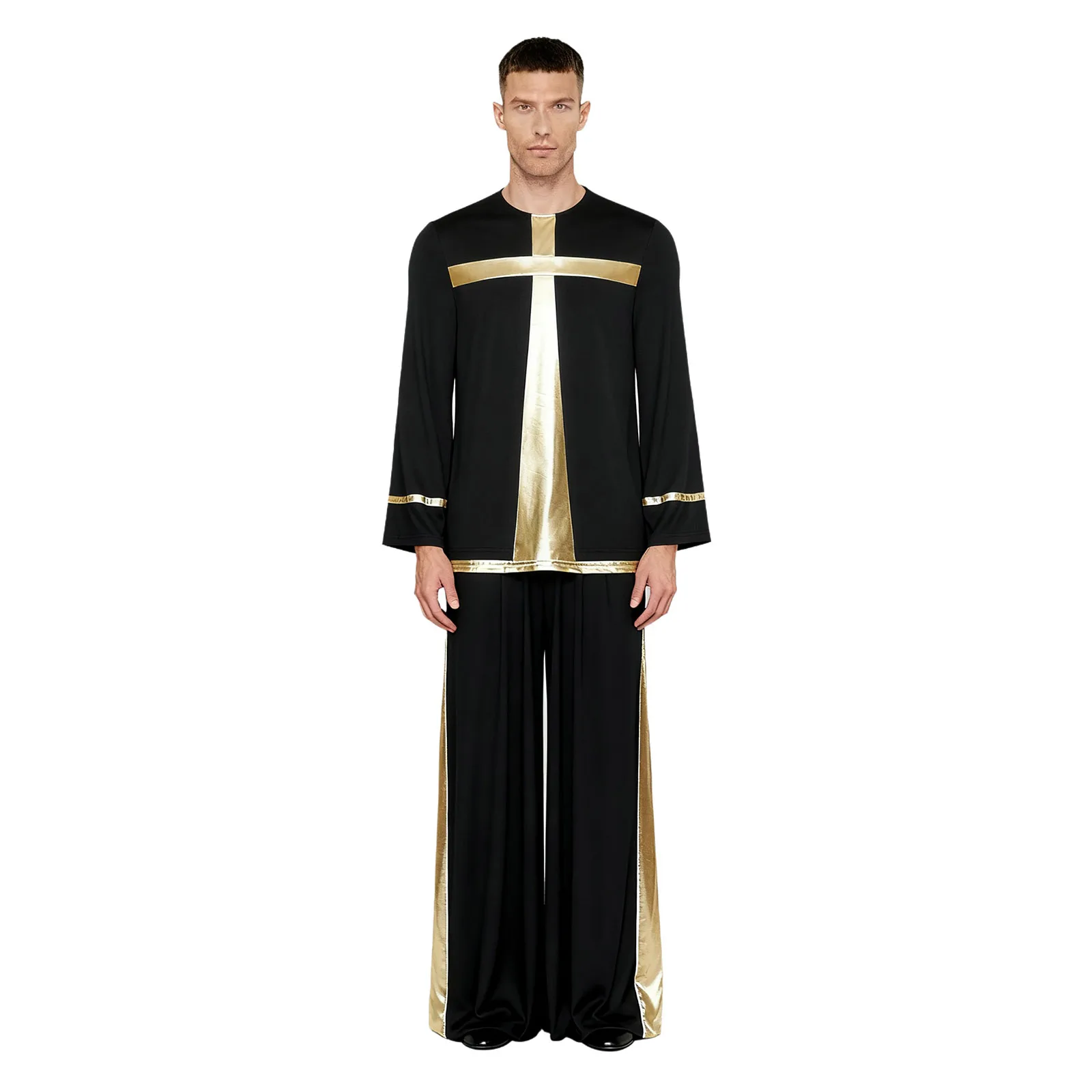 

Men Liturgical Worship Dance Outfit Metallic Cross Long Sleeve Tunic Shirt And Pants for Praise Church Choir Performance Outfits
