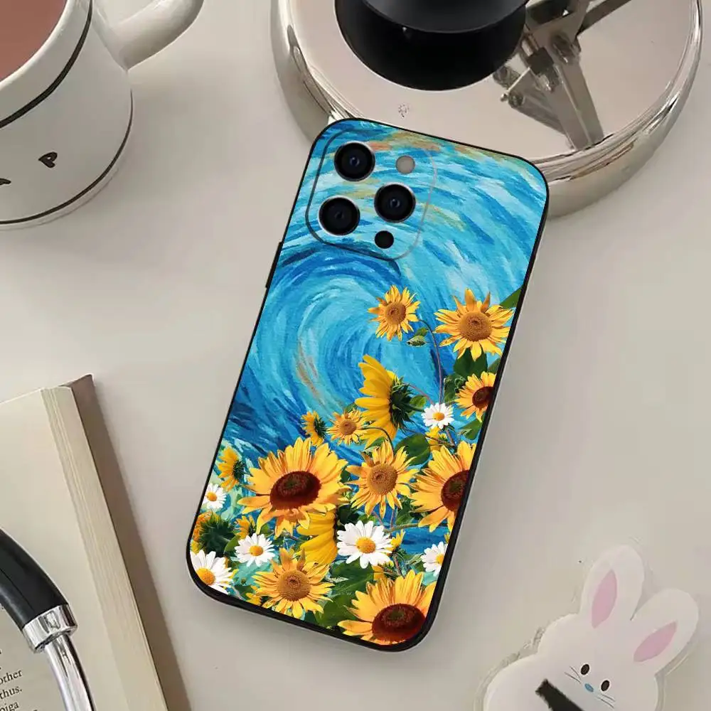 حافظة هاتف مطبوعة على شكل عباد الشمس لهاتف آيفون 17,16,15,14,13,12,11,Plus,Pro,Max,Plus,XS, حافظة ناعمة من السيليكون الأسود