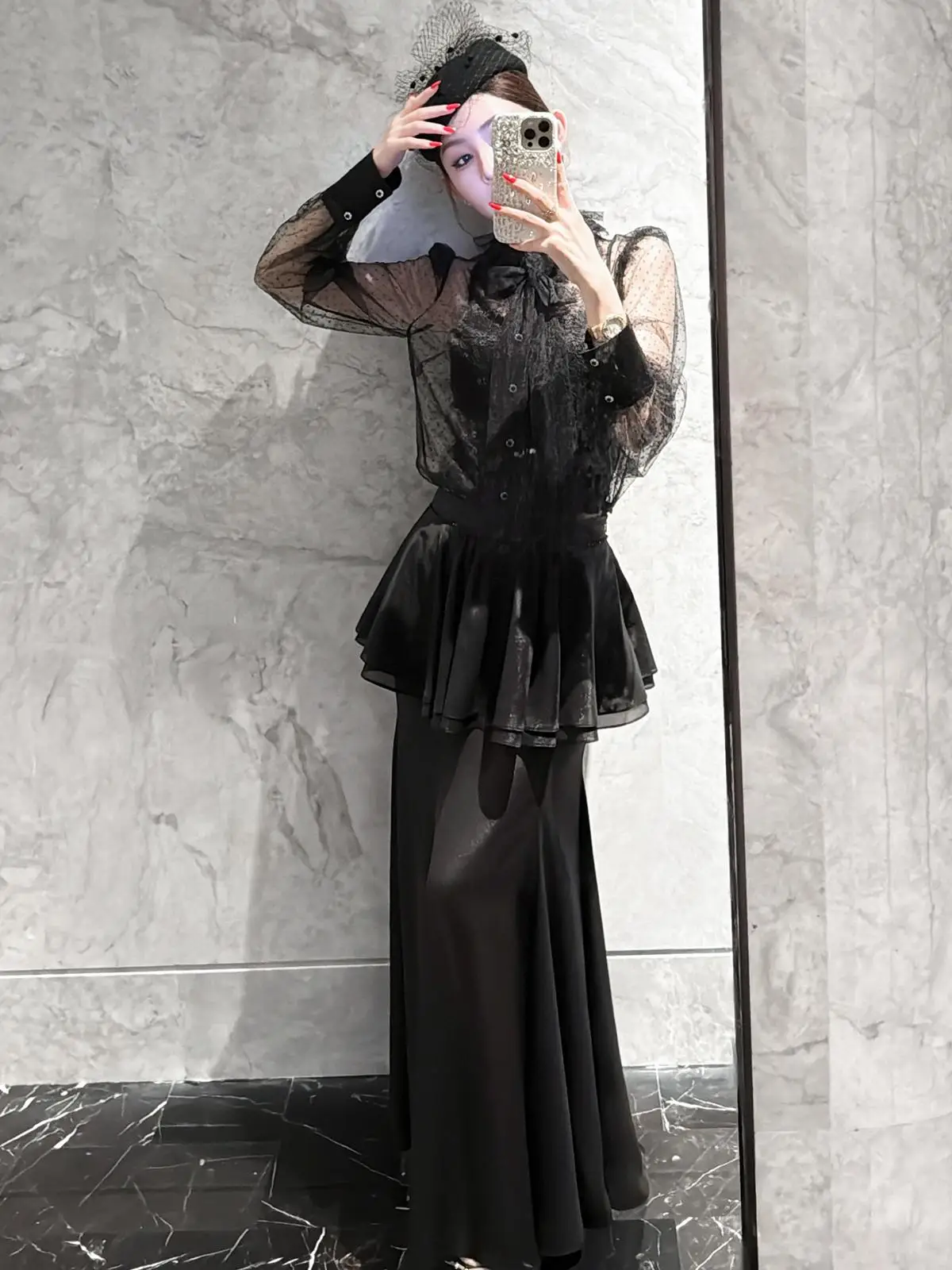 

Комплект Alice Night Song: кружевная блузка с длинным рукавом в горошек и юбка с высокой талией, повседневный осенний модный женский комплект