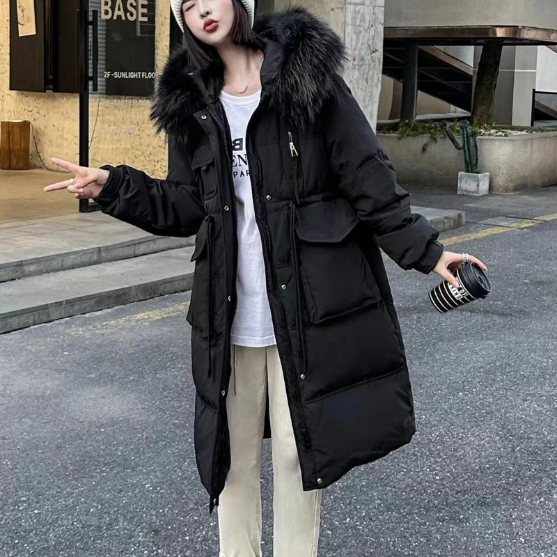 Women\'s Long Knee-length Down Jacket Waisted Hooded Large Hair Collar Warm Coat 90% White Duck Down Temperament Leisure Parka