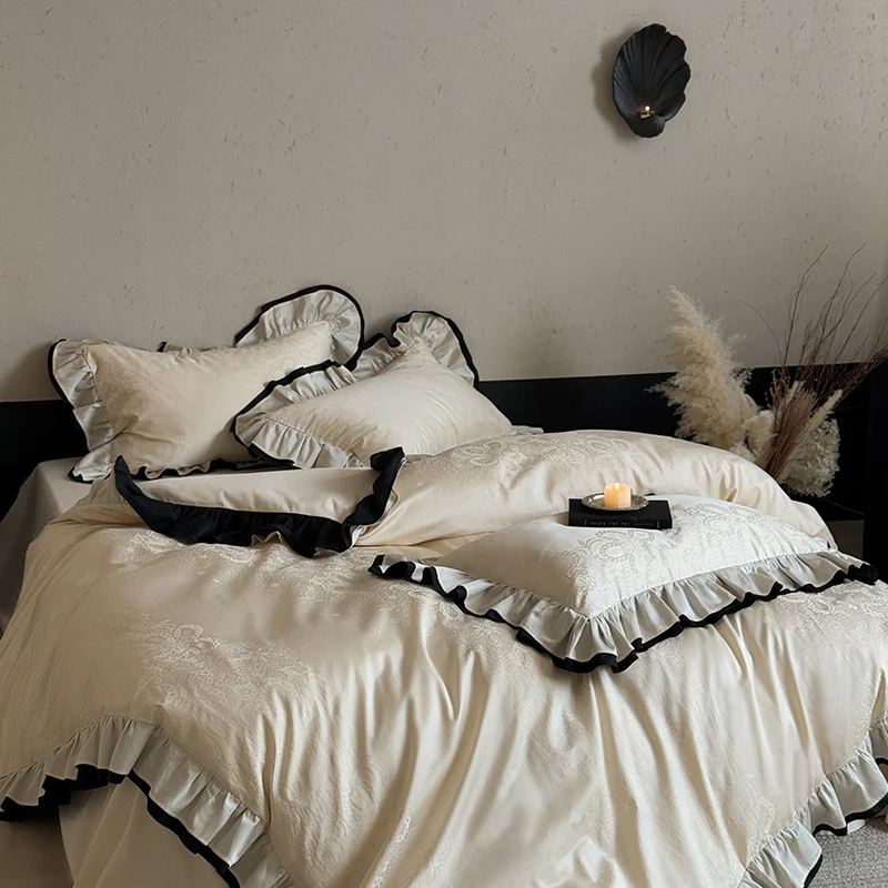 Premium 600TC Egyptian Cotton Jacquard Champagne Luxury Bedding Set Ruffles Duvet Cover Flat/Fitted Bed Sheet Pillowcases 4Pcs