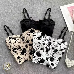 Chic Floral Print Tanks Top Korean Fashion Camis Basic Slim Crop Top Sweet Off Shoulder Corset Bustier Summer Women Sling Tops